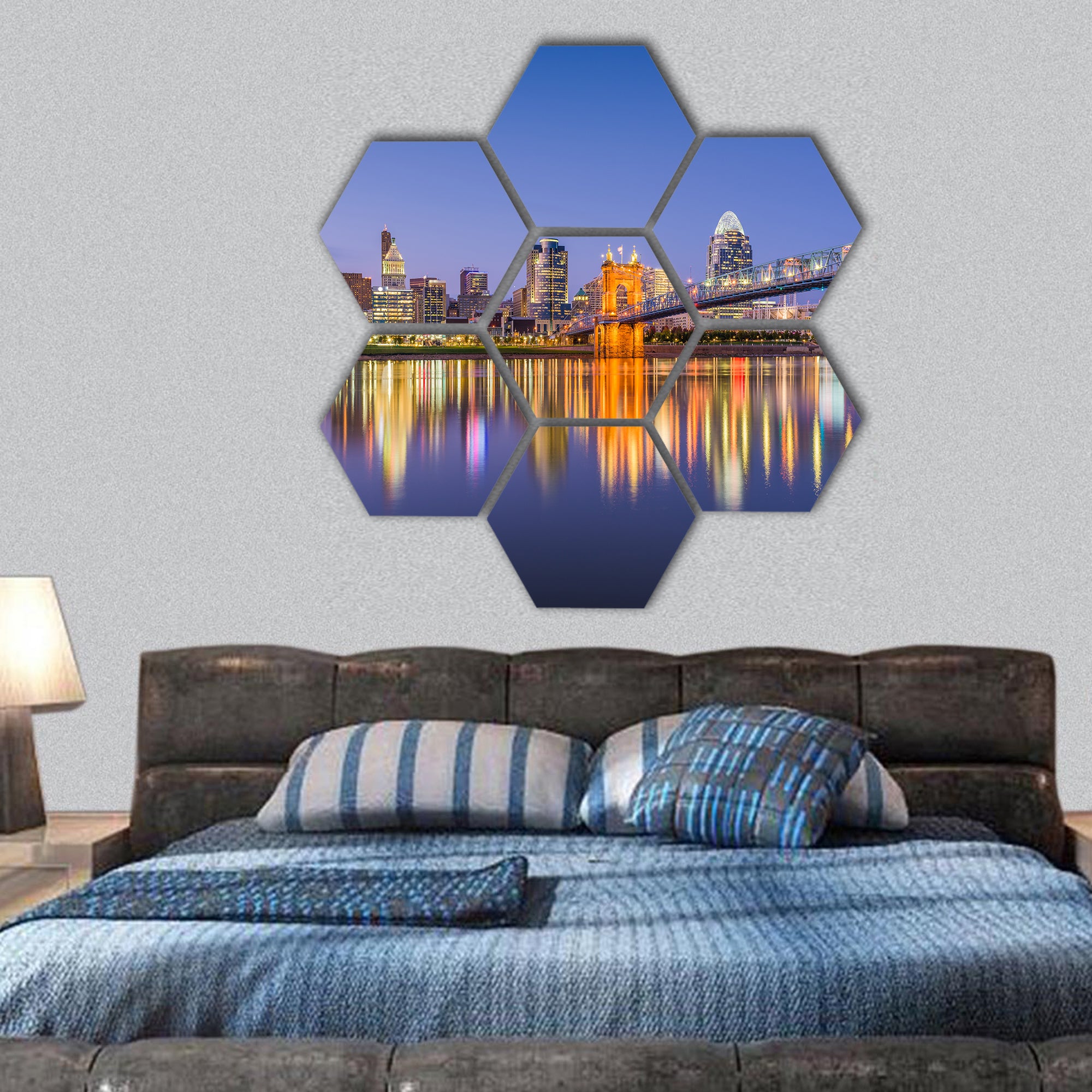 USA skyline on the river at dusk hexagonal canvas wall art
