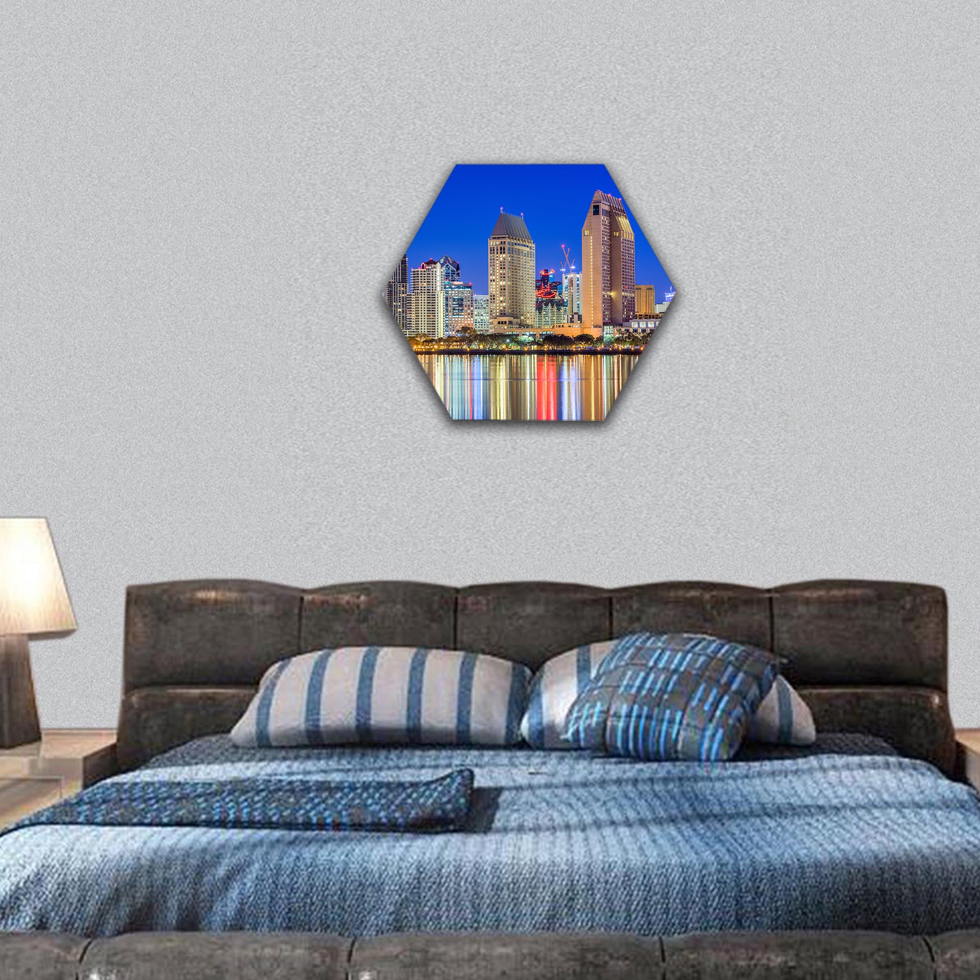 USA downtown cityscape at night hexagonal canvas wall art