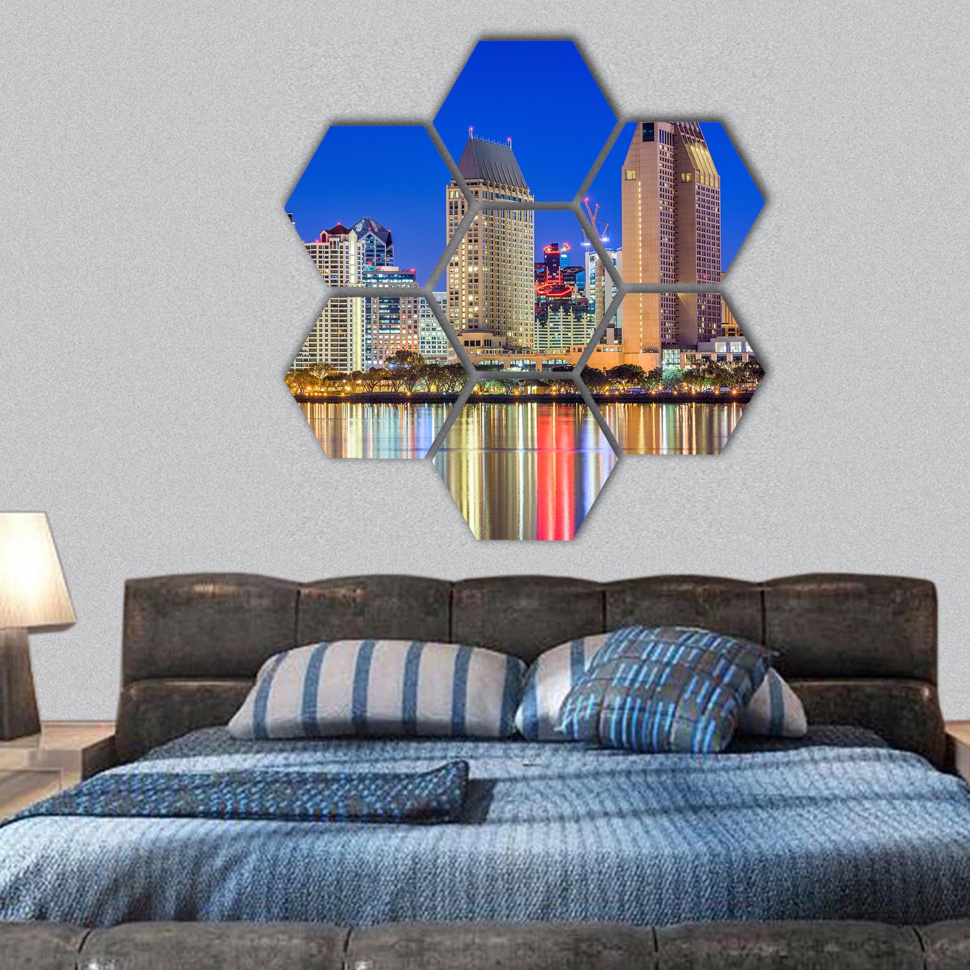 USA downtown cityscape at night hexagonal canvas wall art