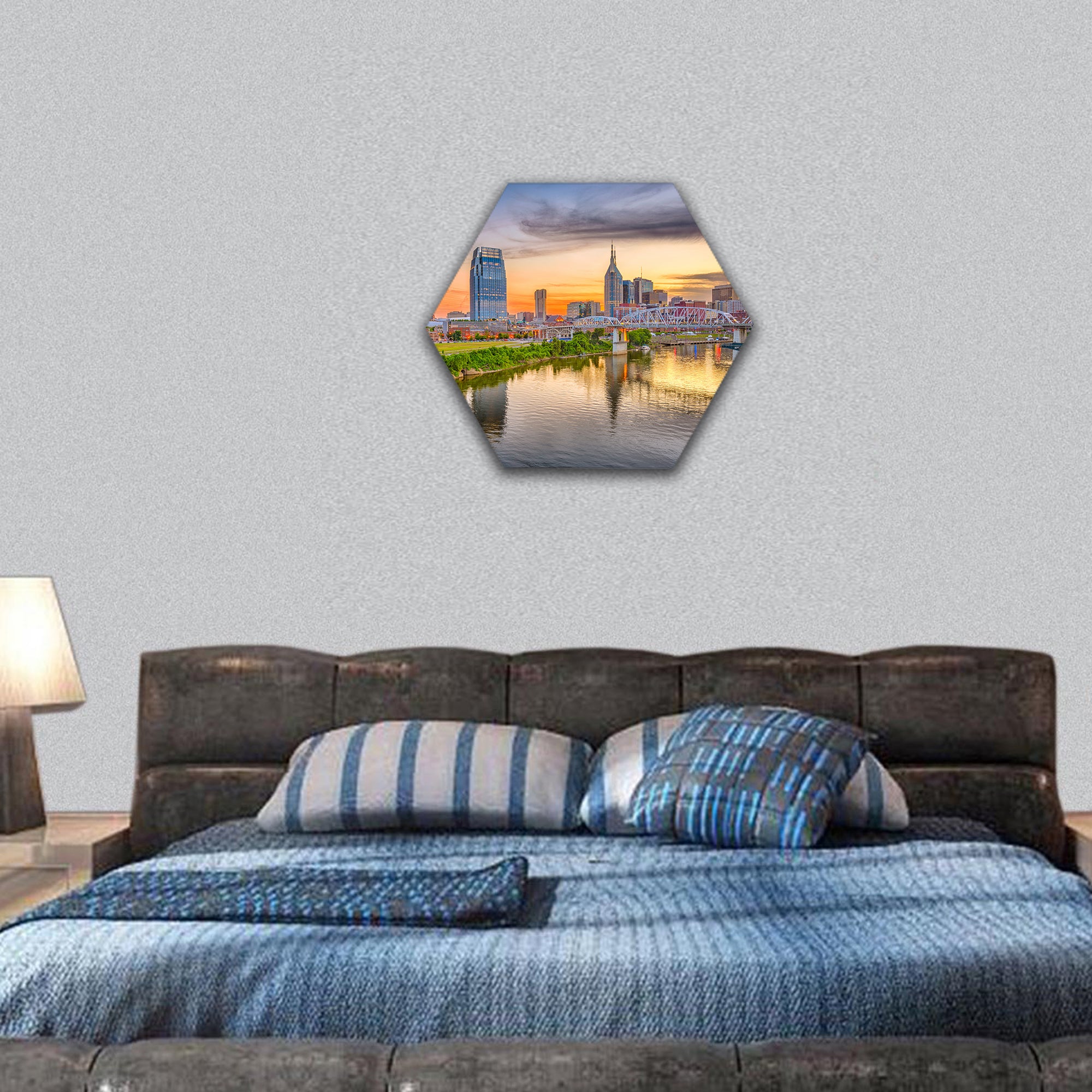 USA downtown city skyline on the Cumberland Rive hexagonal canvas wall art