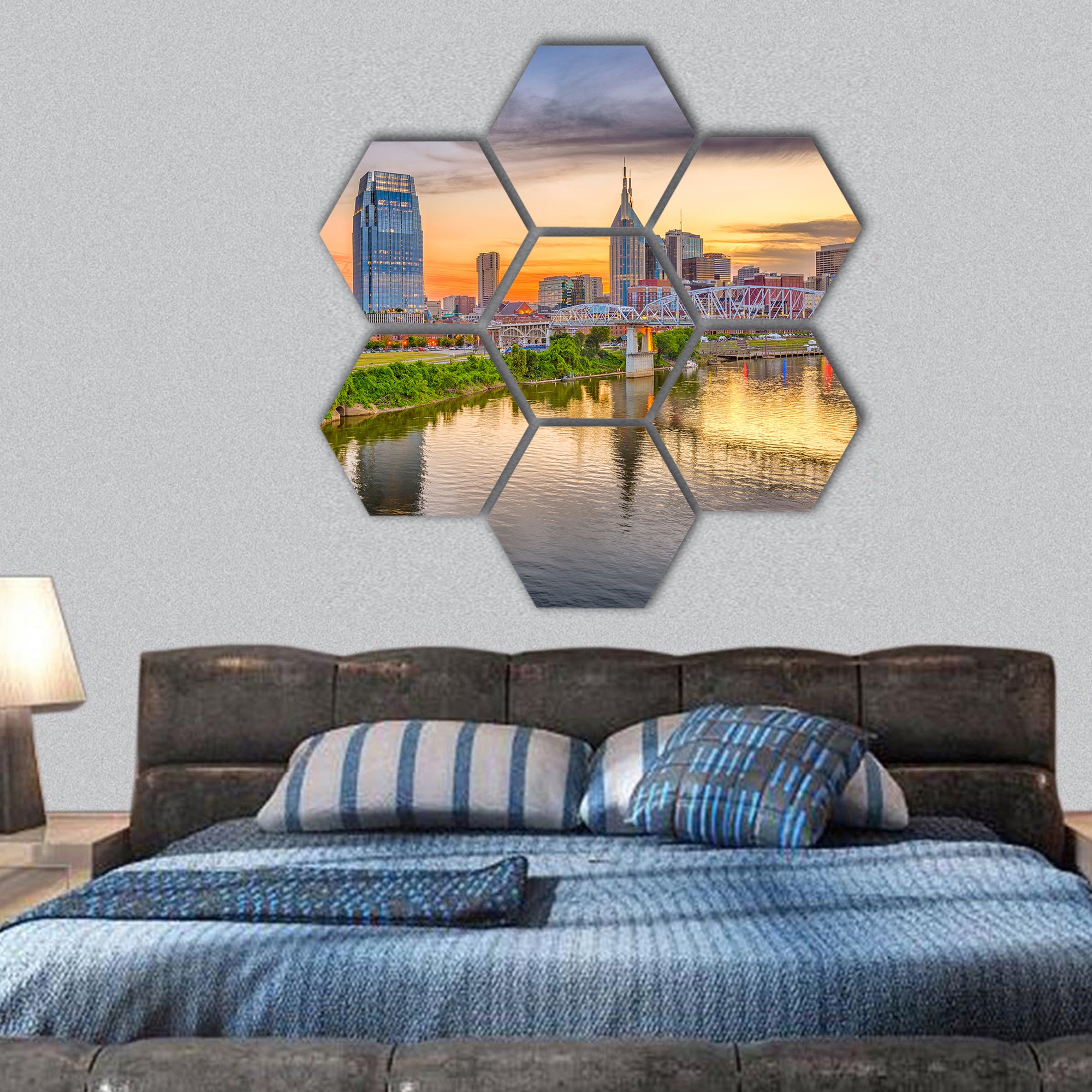 USA downtown city skyline on the Cumberland Rive hexagonal canvas wall art