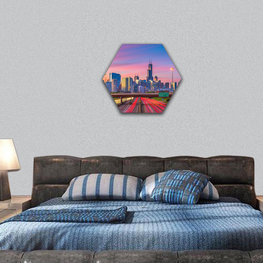 USA downtown skyline over highways at twilight hexagonal canvas wall art
