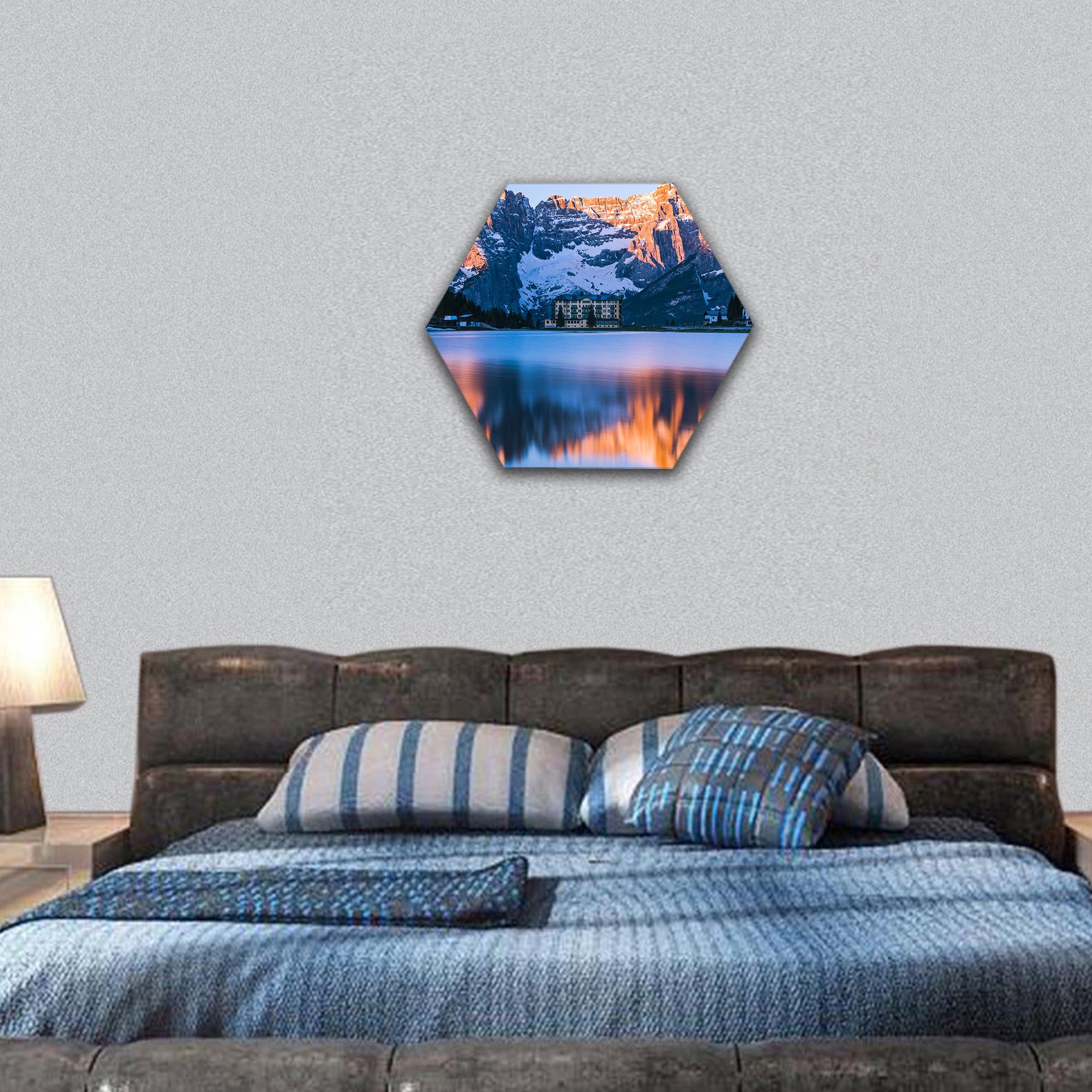 Spectacular sunrise over Misurina Lake in Italy hexagonal canvas wall art