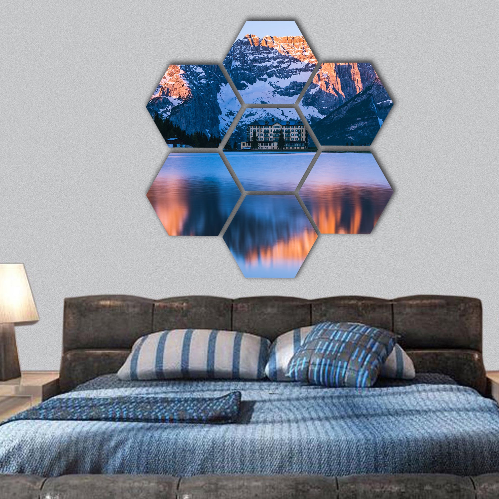 Spectacular sunrise over Misurina Lake in Italy hexagonal canvas wall art
