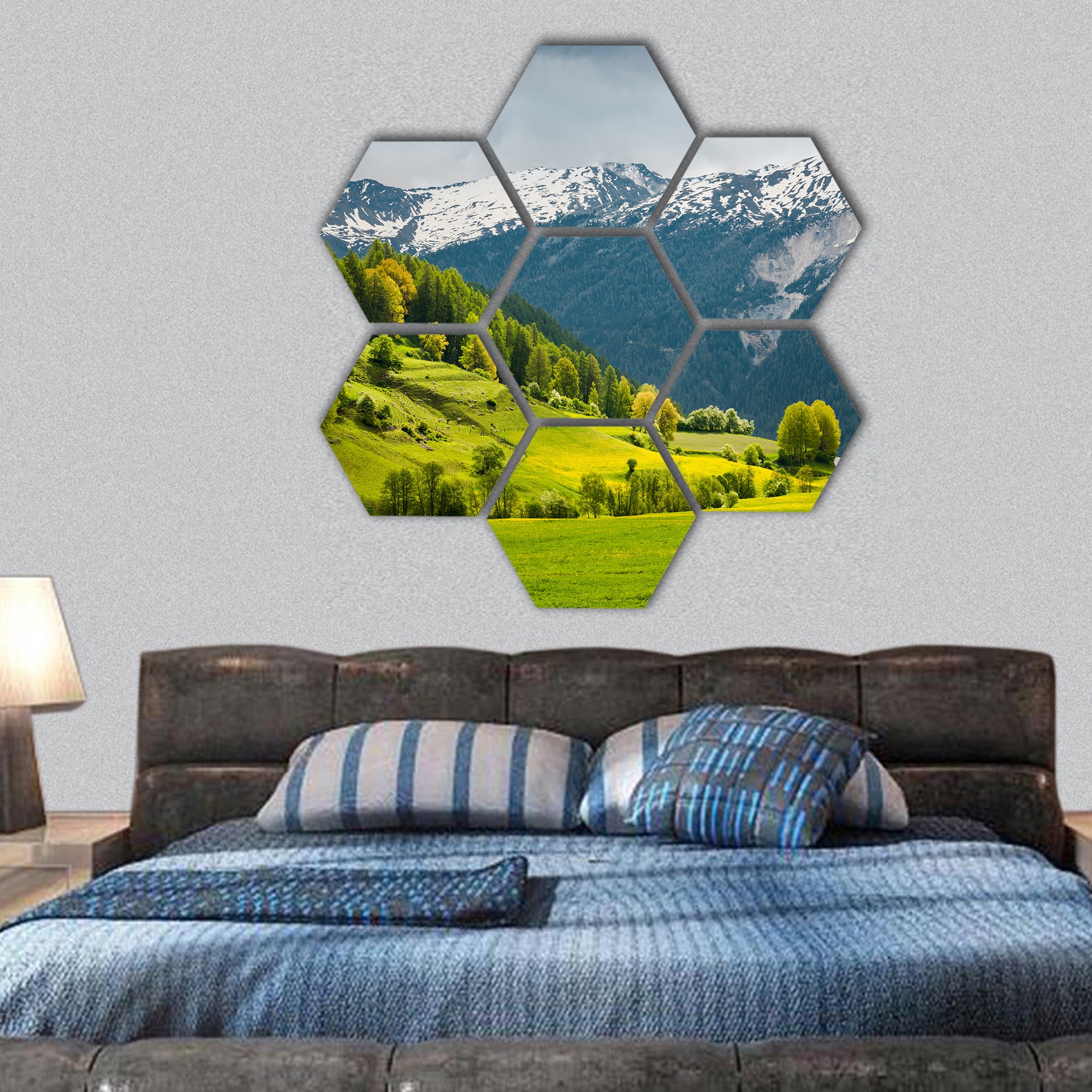 Breathtaking view over summer in alpine Switzerland hexagonal canvas wall art