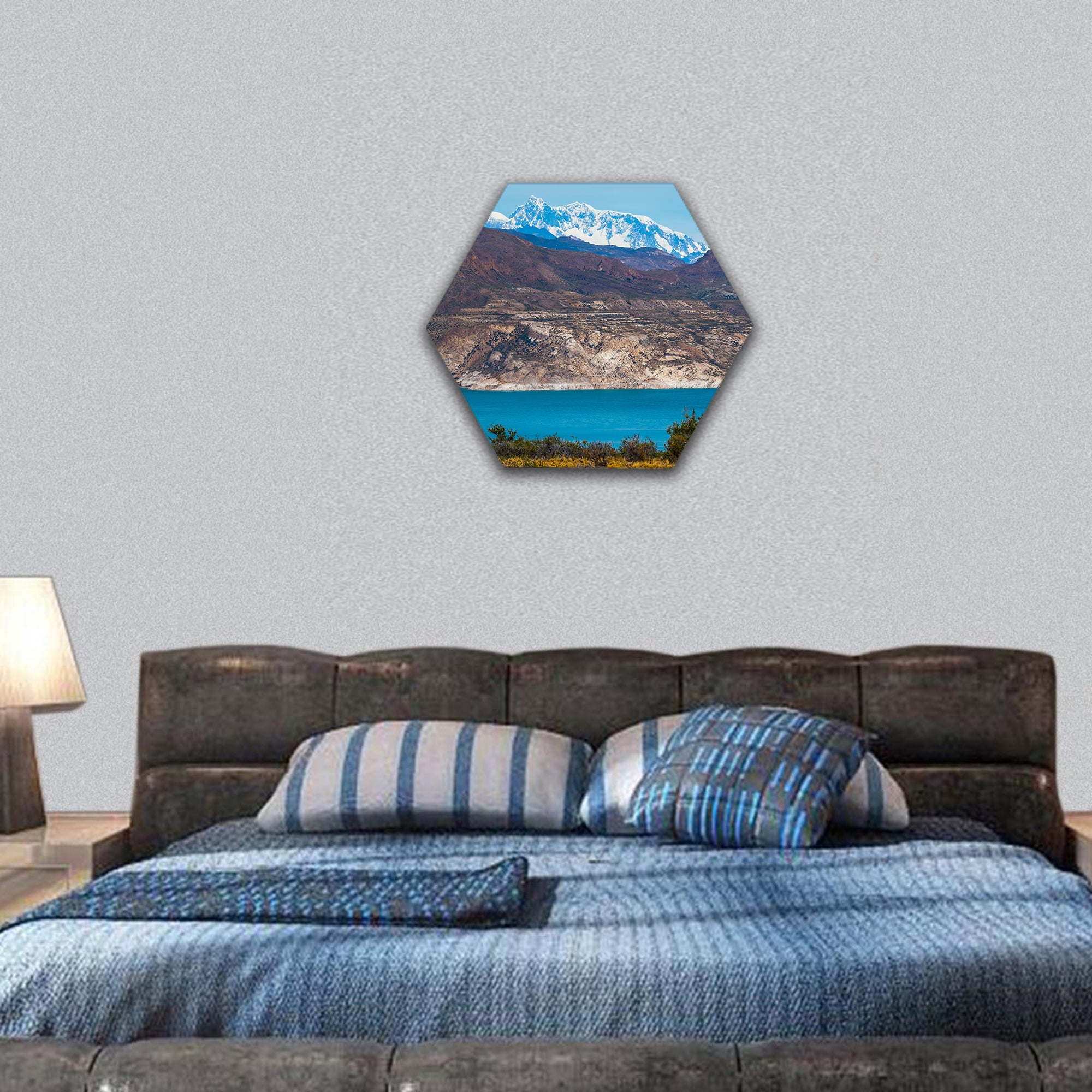 Patagonian landscape with mountains and blue lake hexagonal canvas wall art