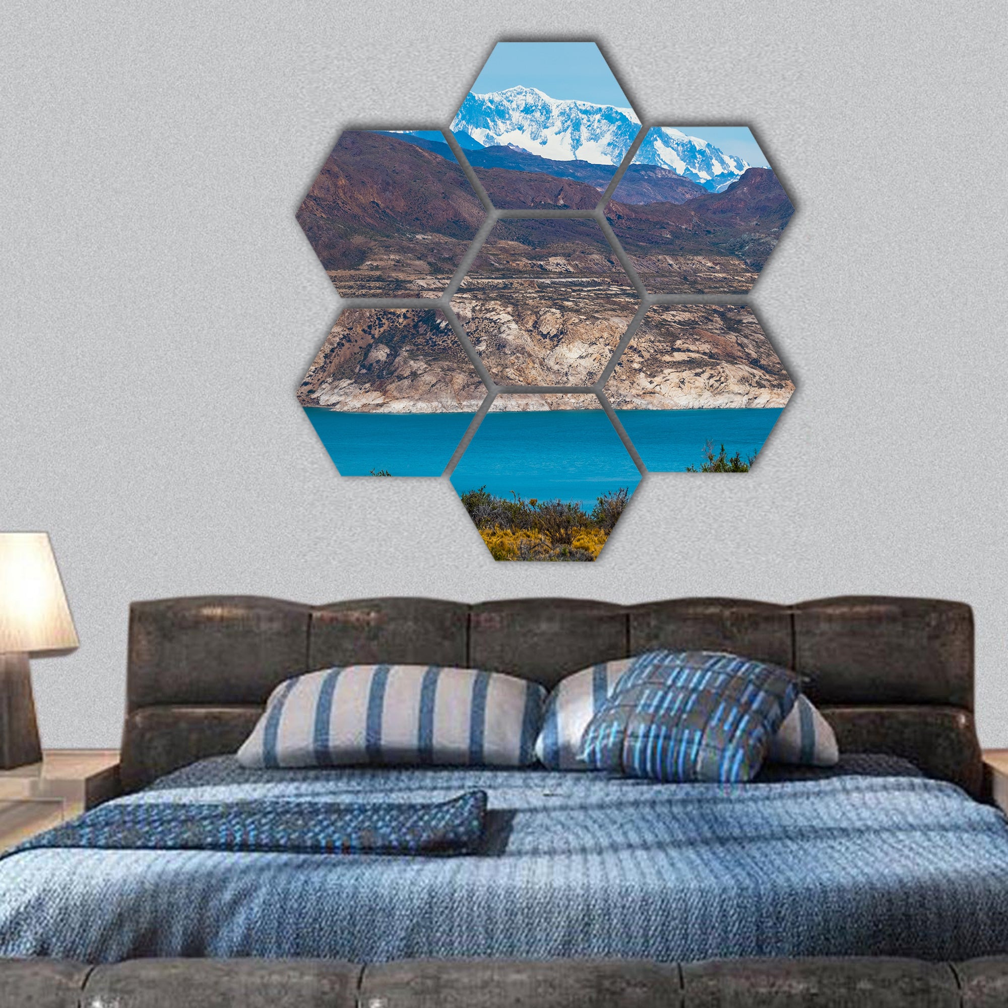 Patagonian landscape with mountains and blue lake hexagonal canvas wall art