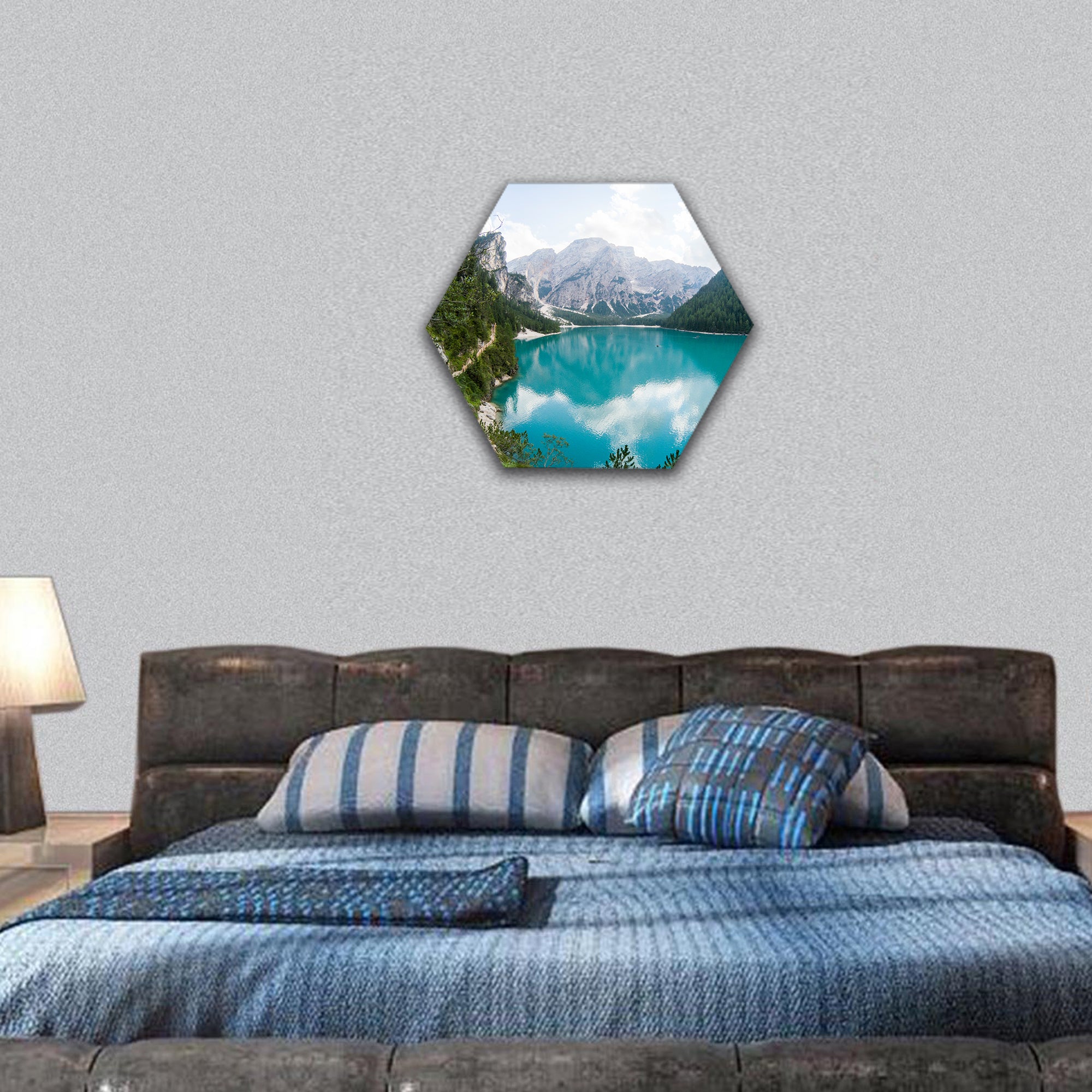 Amazing view of Braies Lake, Europe hexagonal canvas wall art