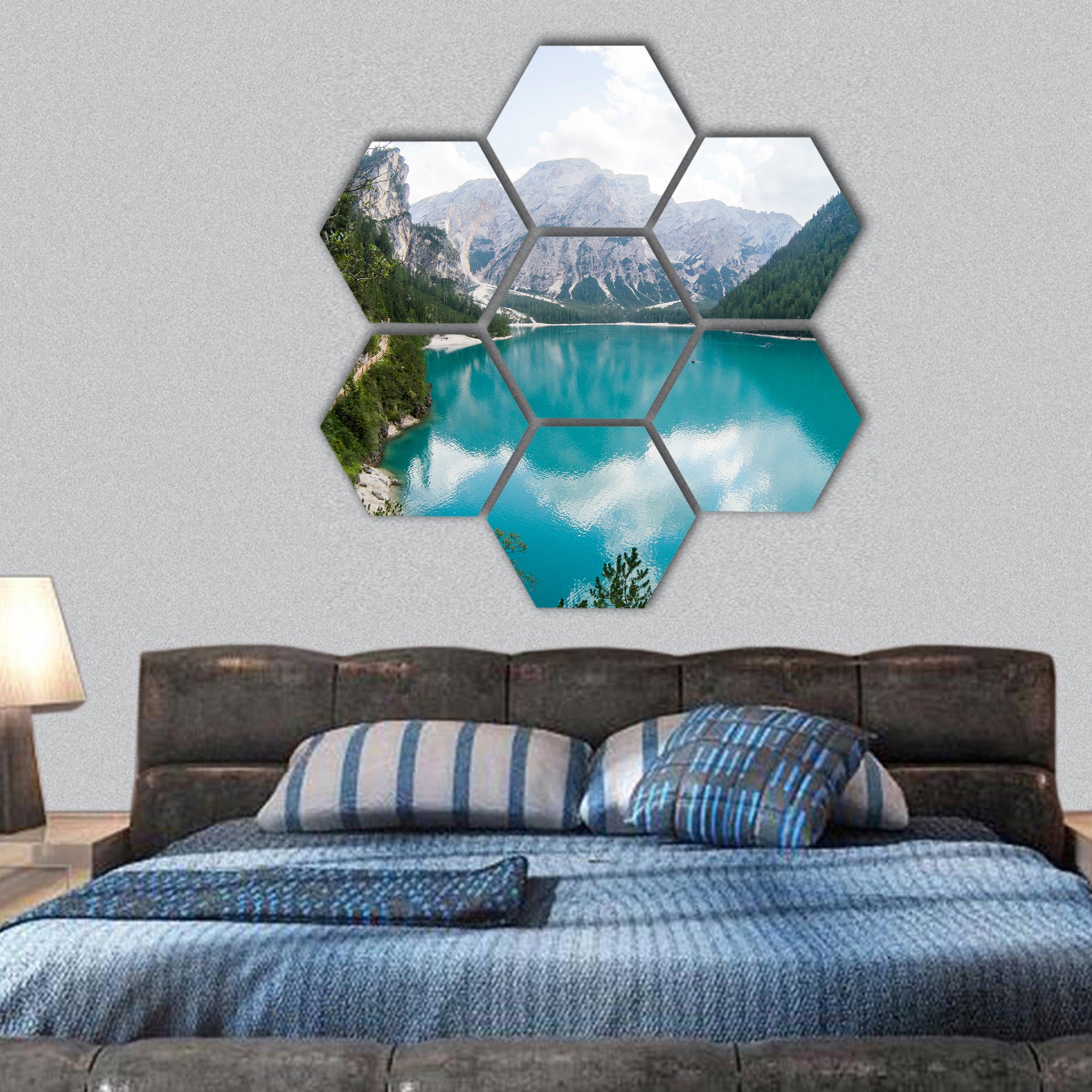 Amazing view of Braies Lake, Europe hexagonal canvas wall art