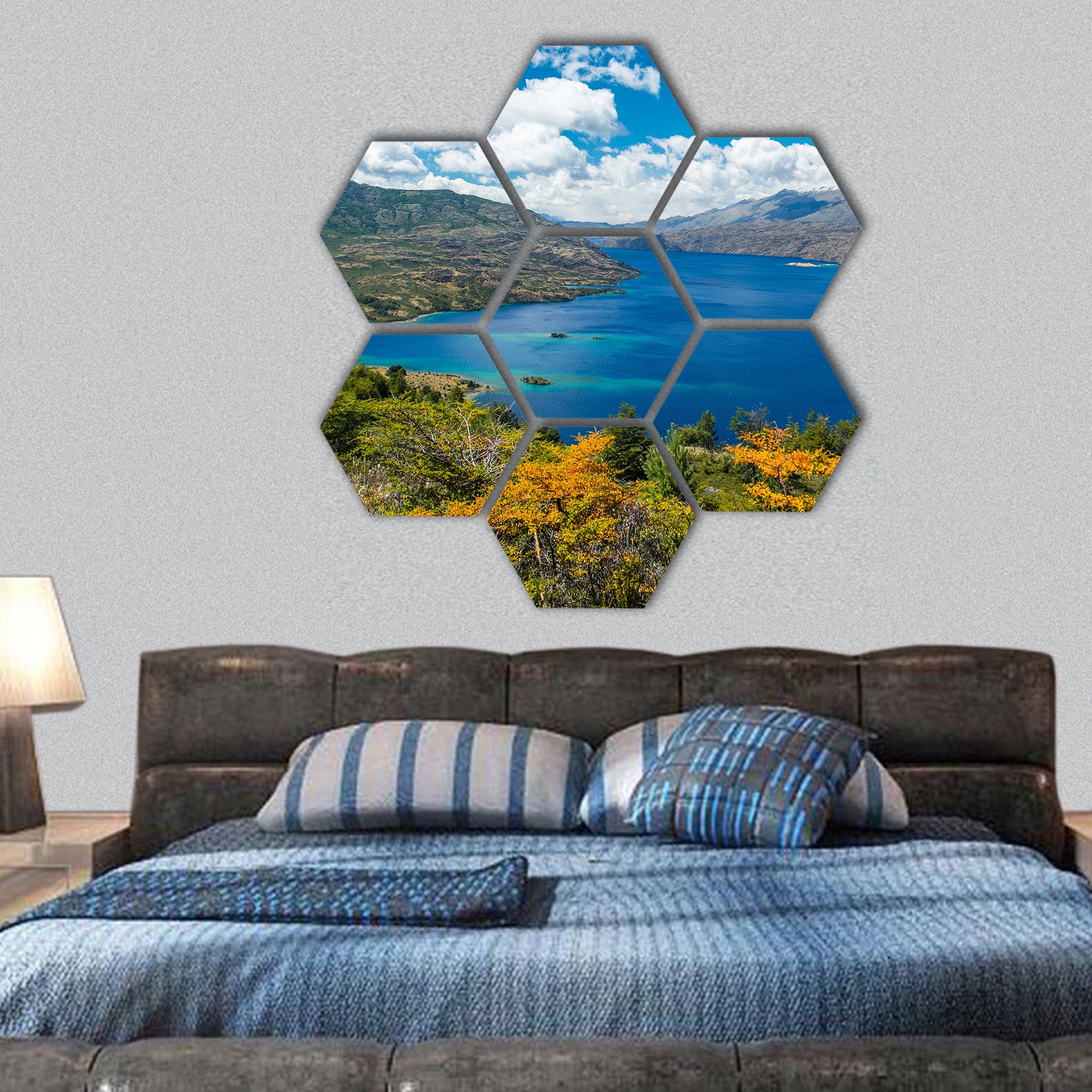 Lake of Cochrane with clear blue water, Chile hexagonal canvas wall art