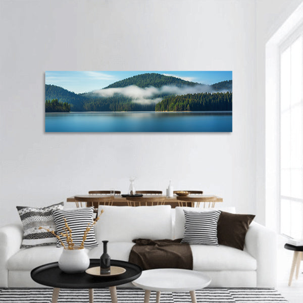 Morning fog on the lake panoramic canvas wall art