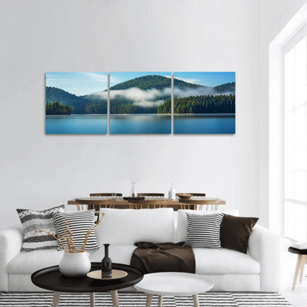 Morning fog on the lake panoramic canvas wall art