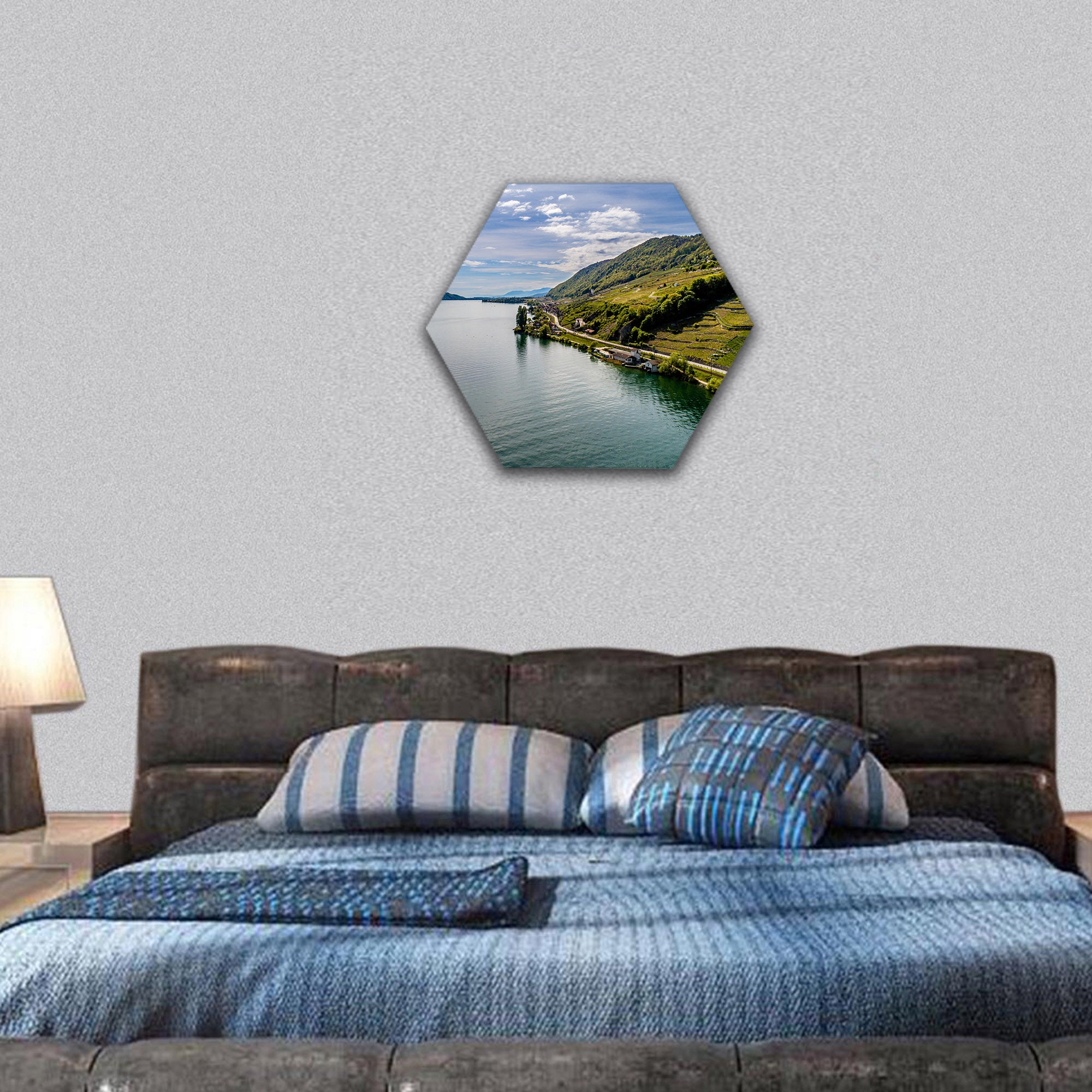 Aerial shot of lake with steep coast hexagonal canvas wall art