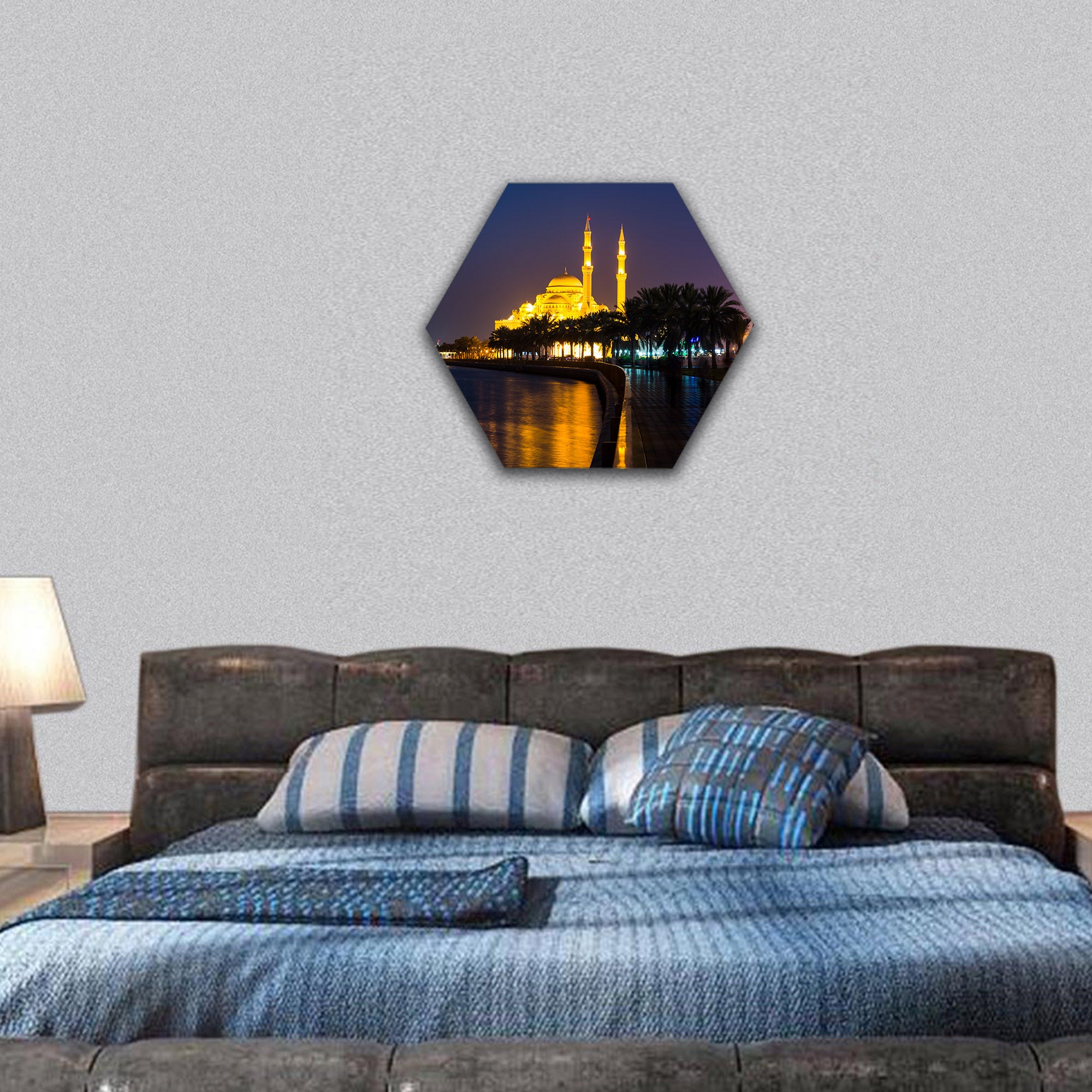 Al Noor mosque in Sharjah reflected in the lake hexagonal canvas wall art