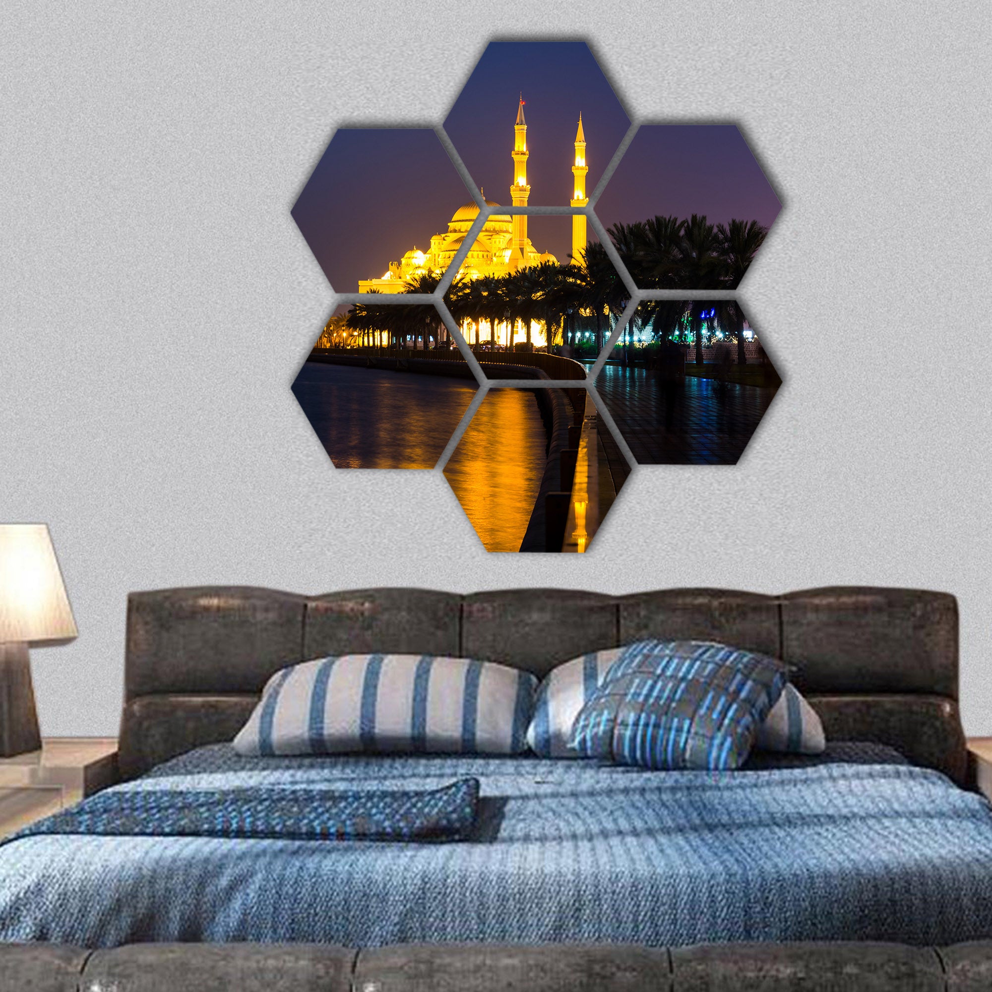 Al Noor mosque in Sharjah reflected in the lake hexagonal canvas wall art