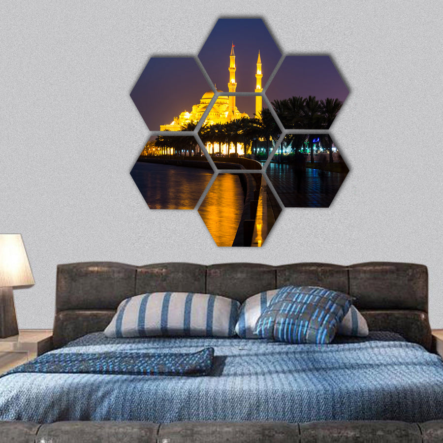 Al Noor mosque in Sharjah reflected in the lake hexagonal canvas wall art