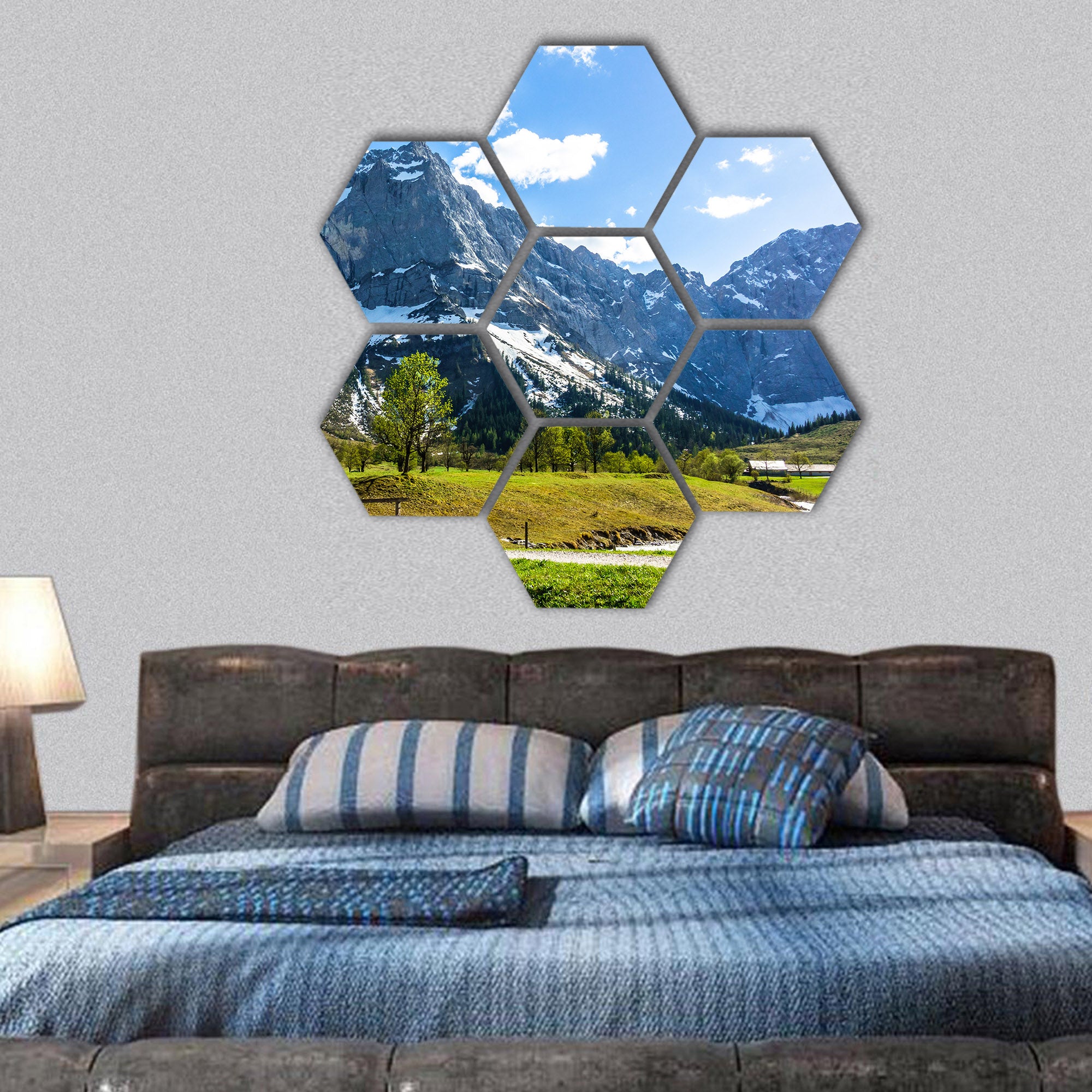 Karwendel mountains in Austria - small valley called Engalm hexagonal canvas wall art