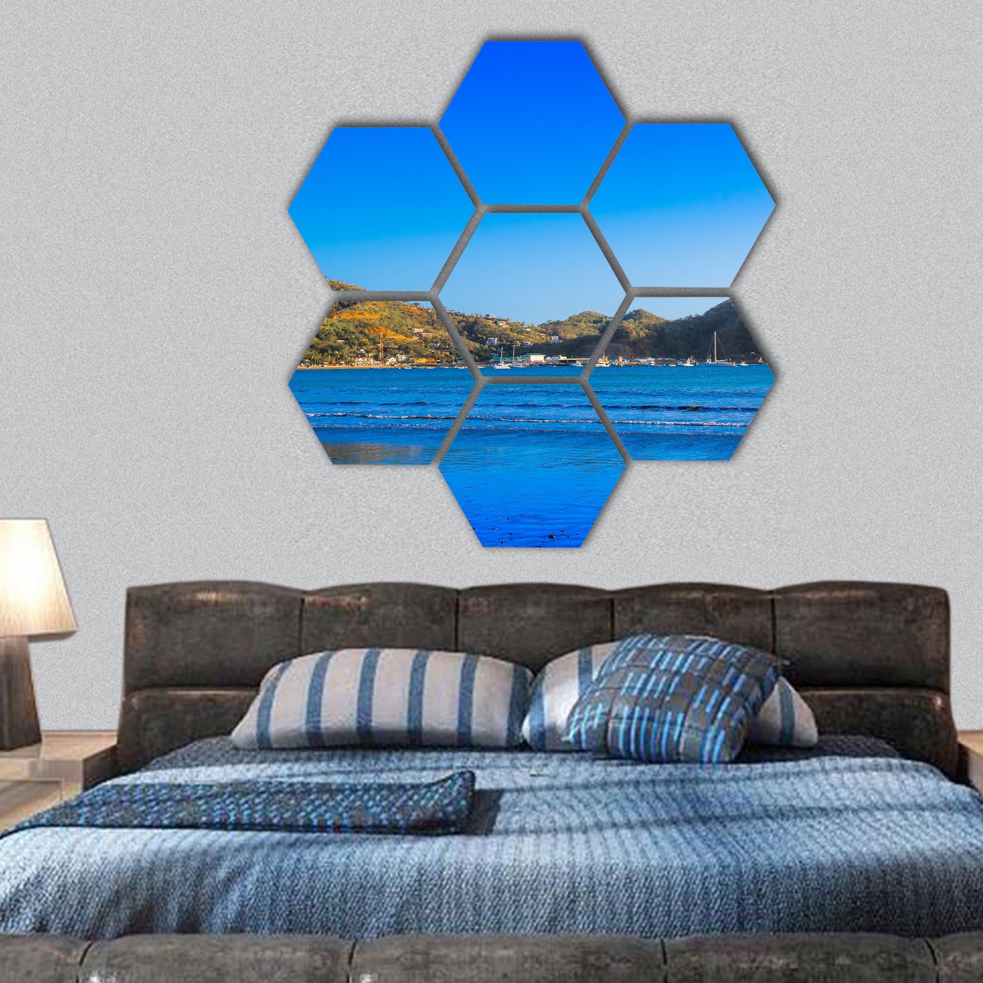 blue water beach in San Juan del sur hexagonal canvas wall art