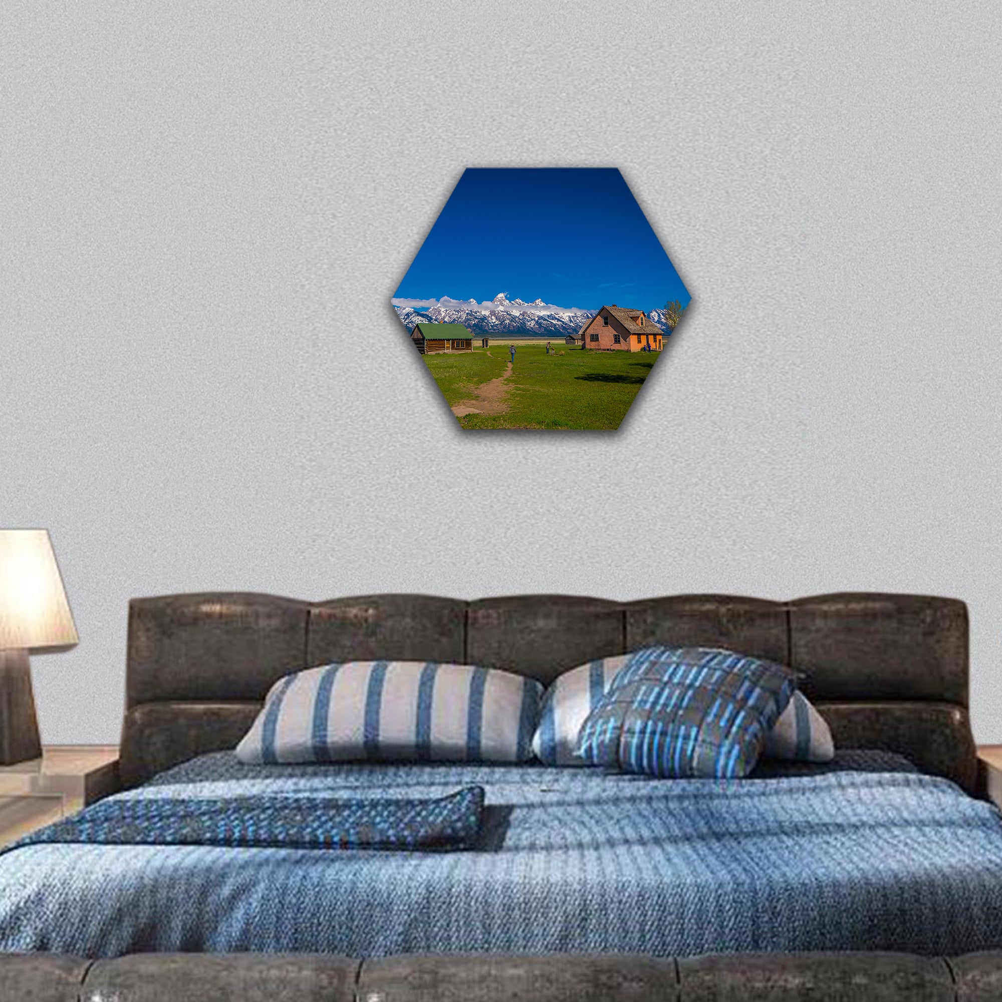 Old mormon barn in Grand Teton Mountains with low clouds hexagonal canvas wall art