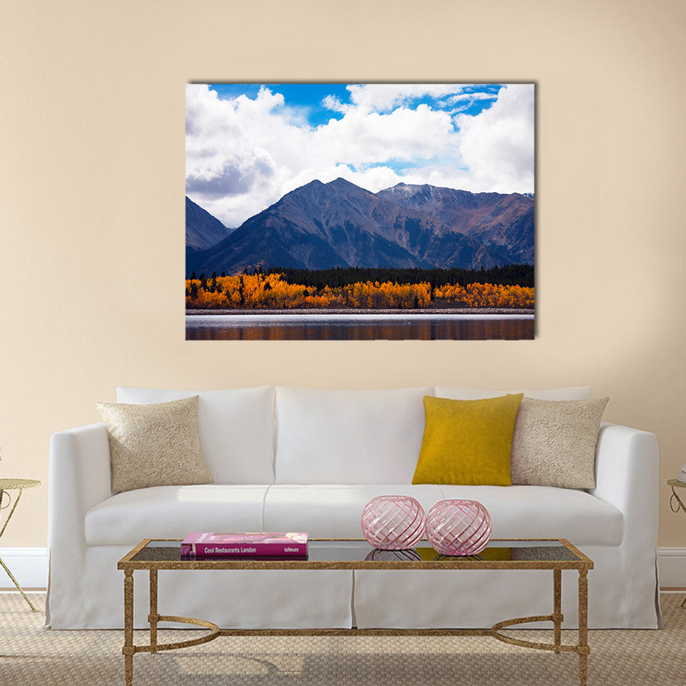 Cool September day in Twin Lakes, Colorado. Mount Elbert Forebay aspen reflections multi panel canvas wall art