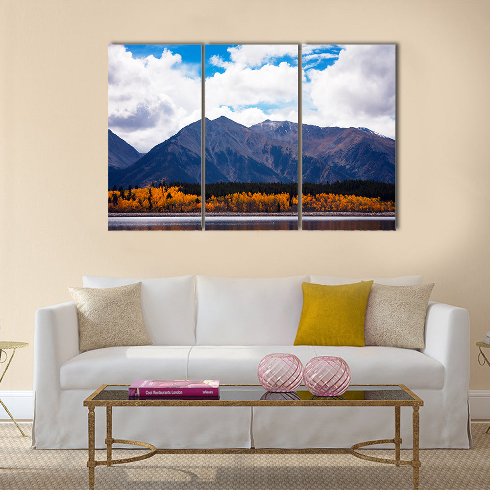 Cool September day in Twin Lakes, Colorado. Mount Elbert Forebay aspen reflections multi panel canvas wall art