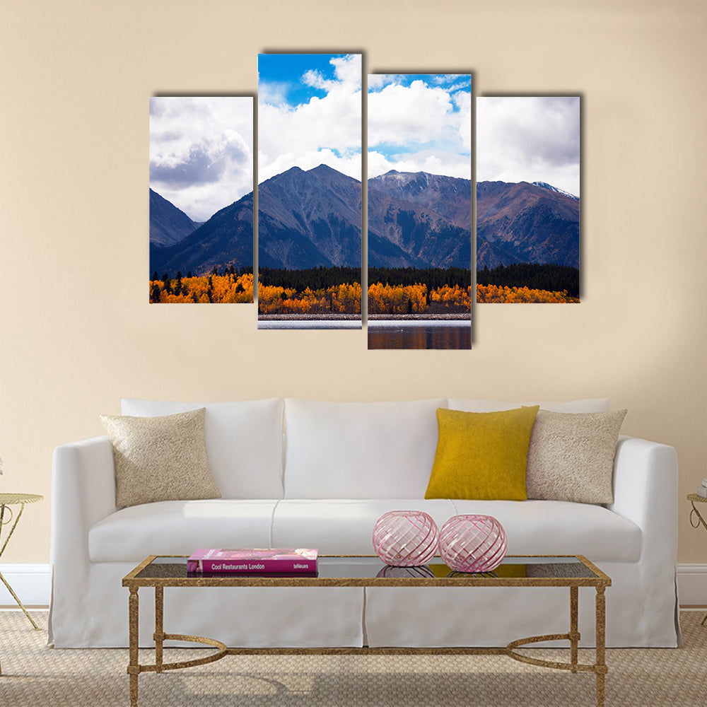 Cool September day in Twin Lakes, Colorado. Mount Elbert Forebay aspen reflections multi panel canvas wall art