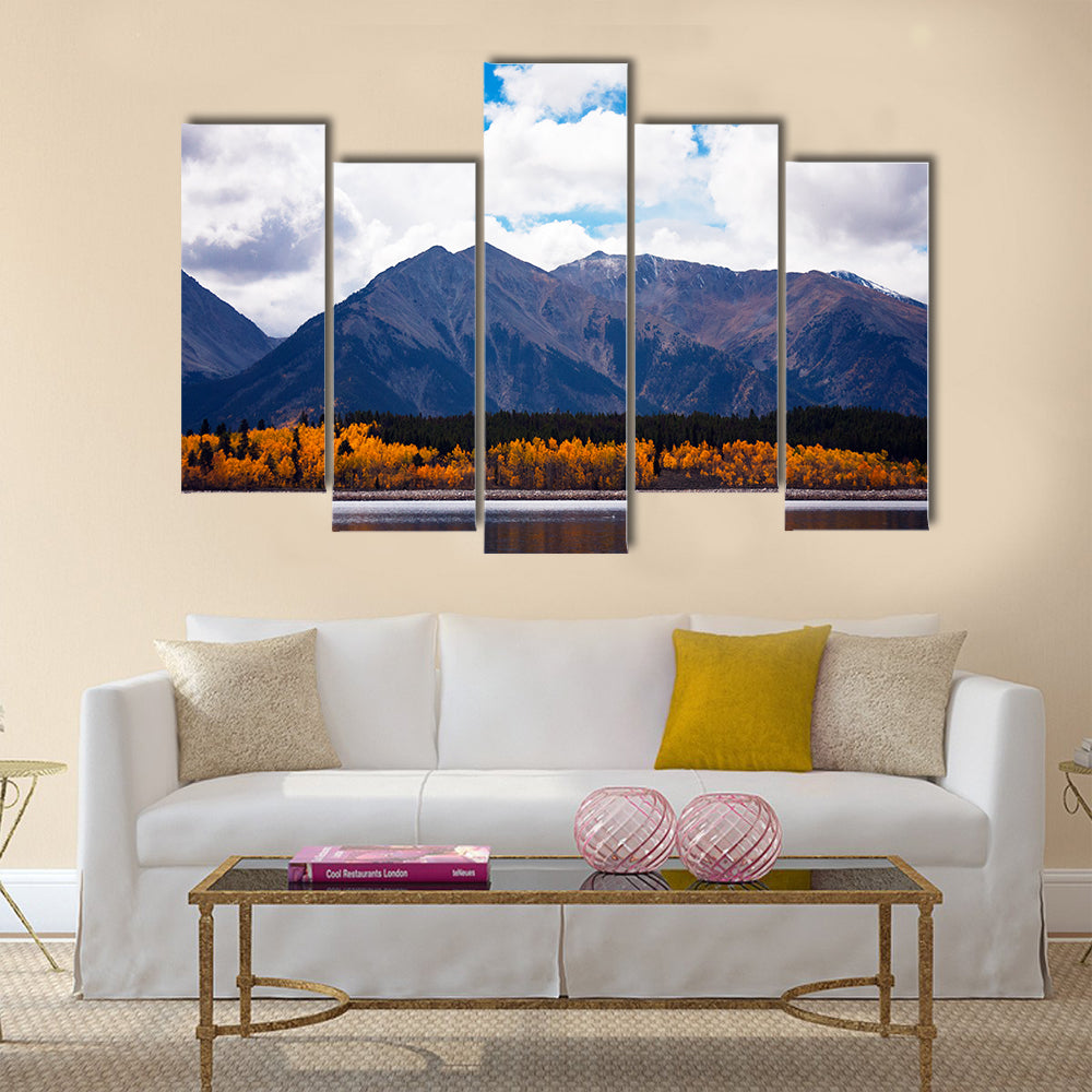 Cool September day in Twin Lakes, Colorado. Mount Elbert Forebay aspen reflections multi panel canvas wall art