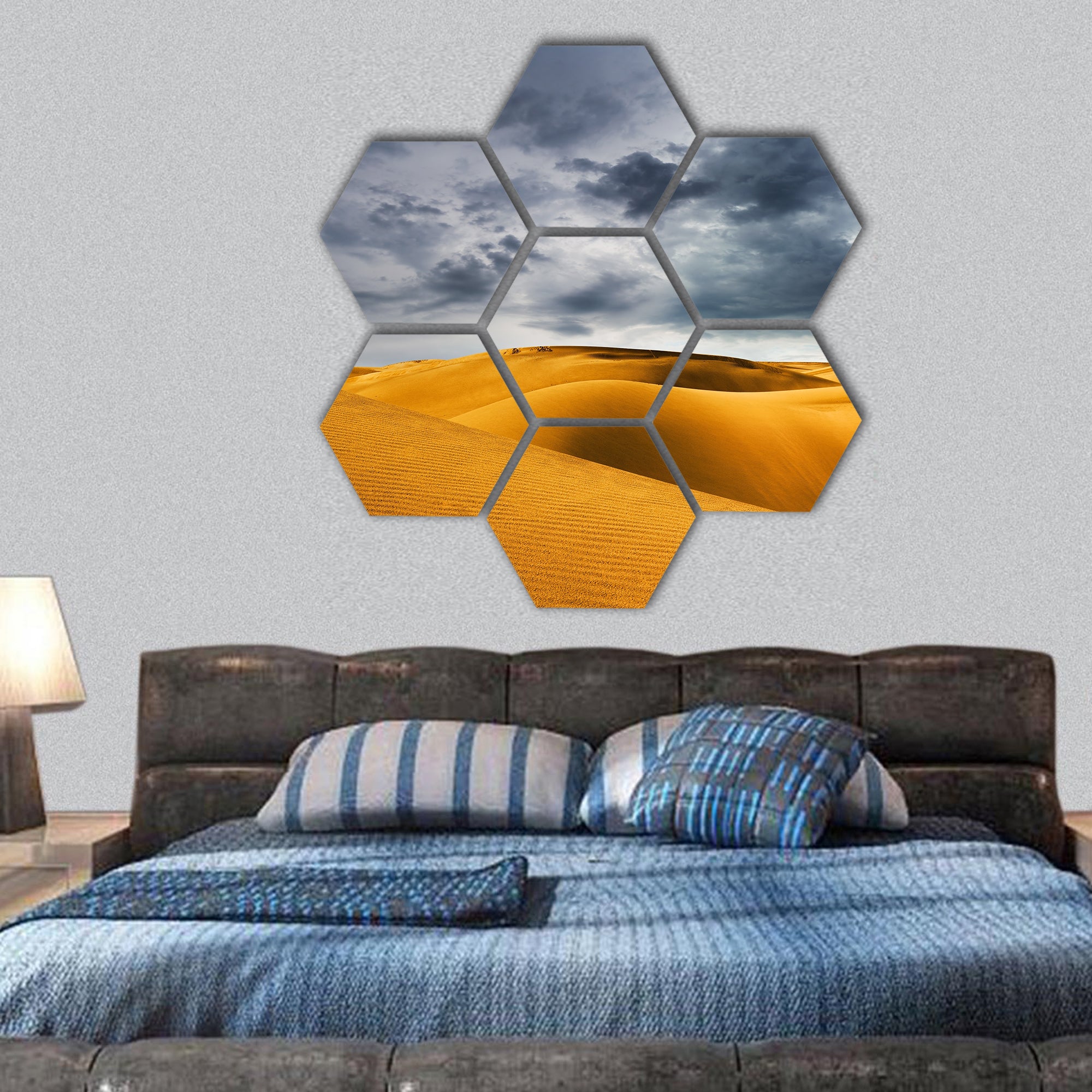 Desert dune and storm sky hexagonal canvas wall art