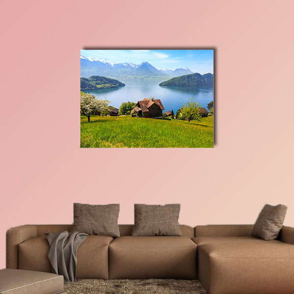 Beautiful nature view and houses on Luzern Lake multi panel canvas wall art