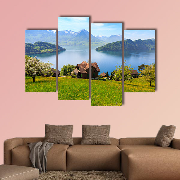 Beautiful nature view and houses on Luzern Lake multi panel canvas wall art