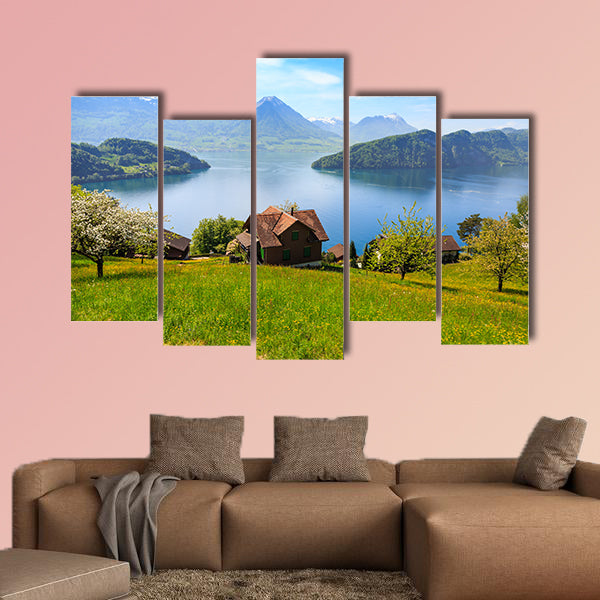Beautiful nature view and houses on Luzern Lake multi panel canvas wall art
