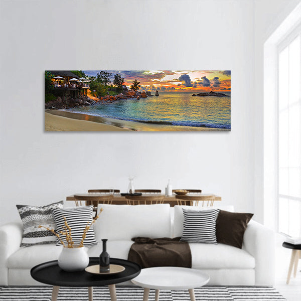 Cafe on tropical beach at sunset - nature background panoramic canvas wall art