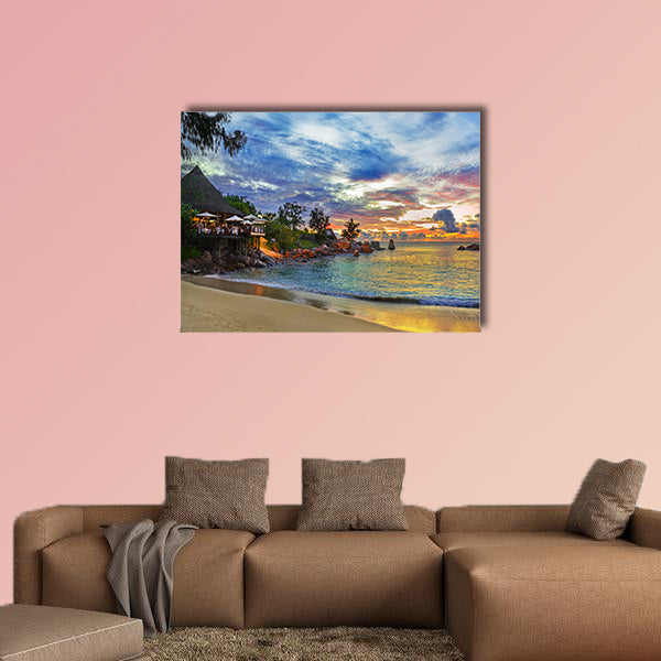 Cafe on tropical beach at sunset multi panel canvas wall art