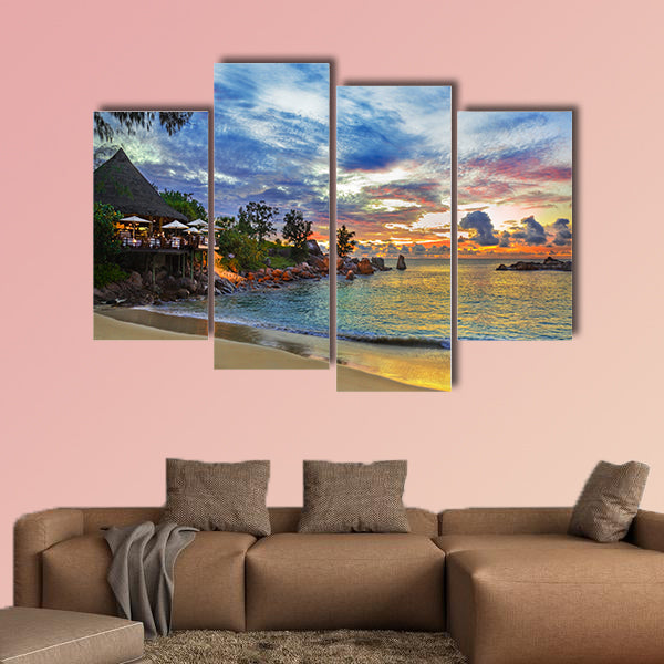 Cafe on tropical beach at sunset multi panel canvas wall art