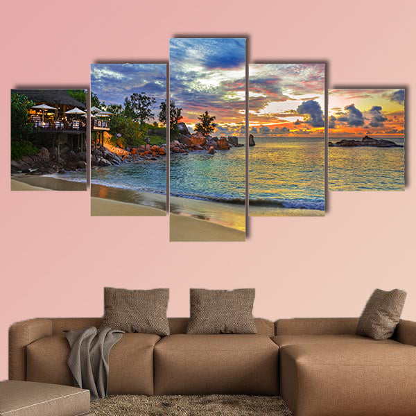 Cafe on tropical beach at sunset multi panel canvas wall art