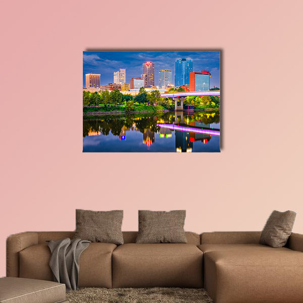 Little Rock, Arkansas, USA skyline on the river at twilight multi panel canvas wall art