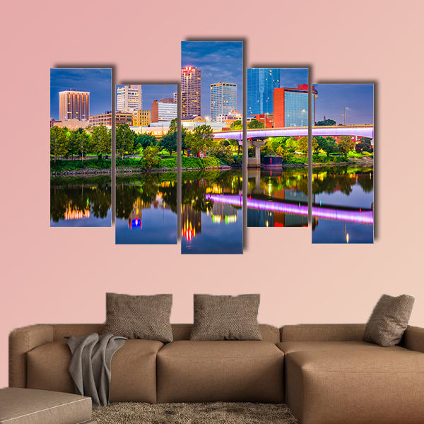 Little Rock, Arkansas, USA skyline on the river at twilight multi panel canvas wall art