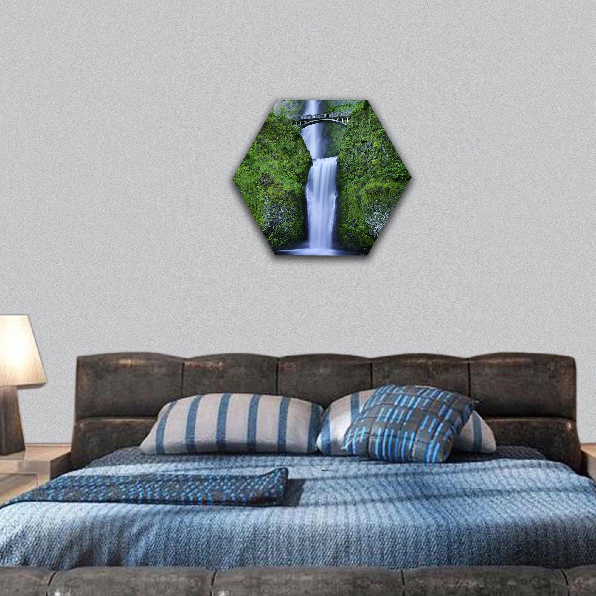 Multnomah Falls foot bridge, Columbia River hexagonal canvas wall art