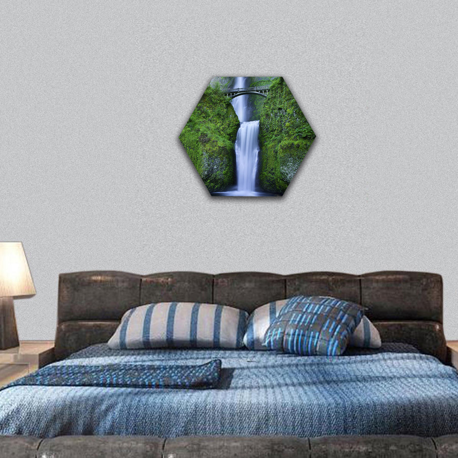 Multnomah Falls foot bridge, Columbia River hexagonal canvas wall art