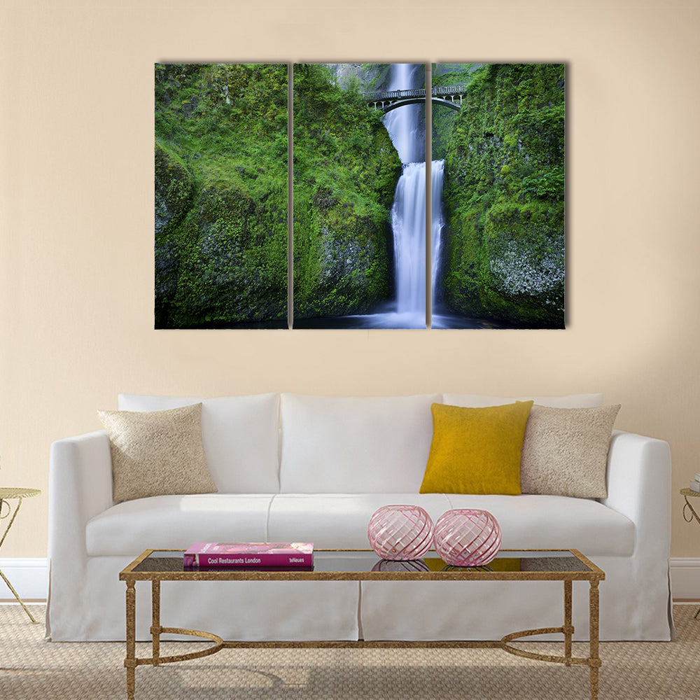 Multnomah Falls and the foot bridge Multi Panel Canvas Wall Art