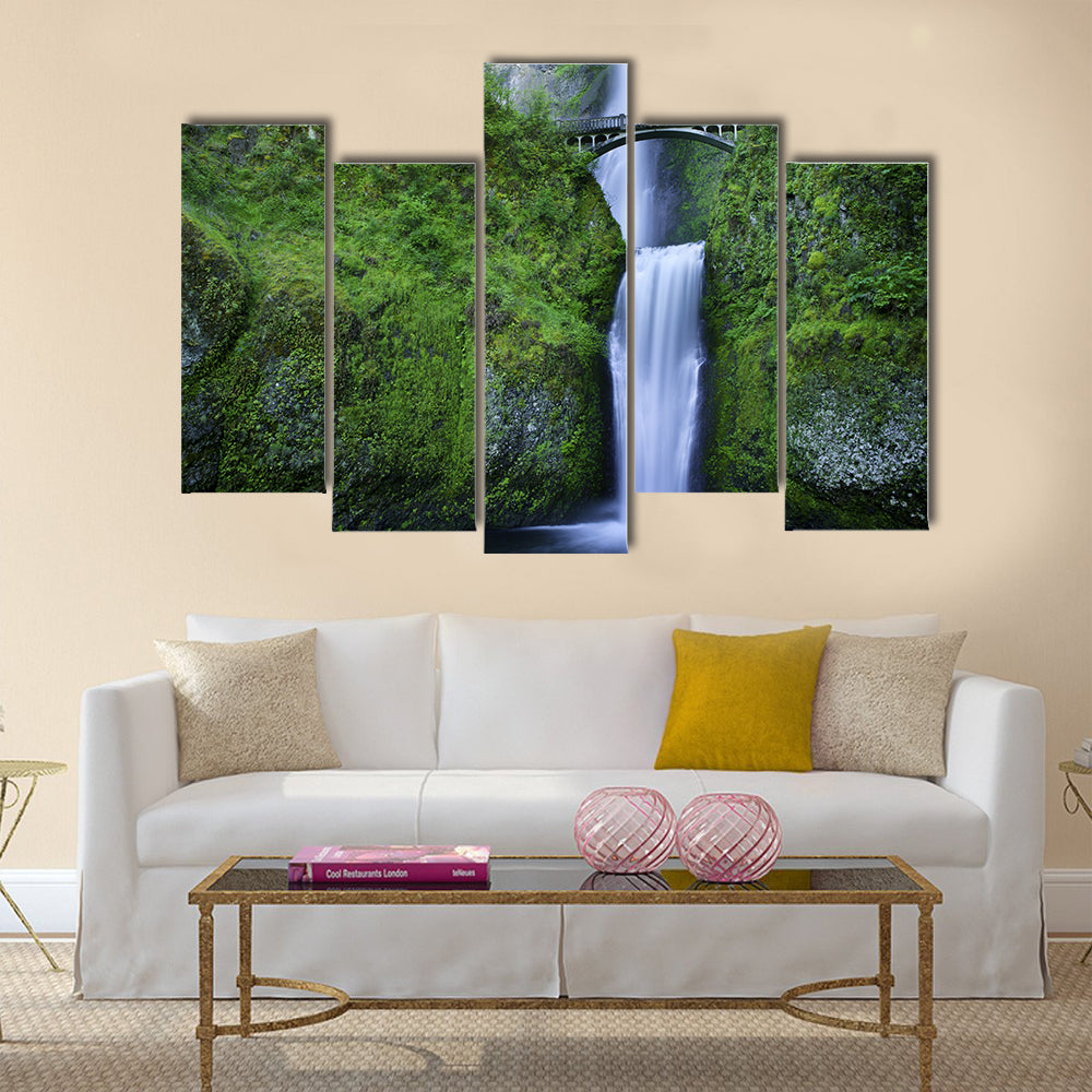 Multnomah Falls and the foot bridge Multi Panel Canvas Wall Art
