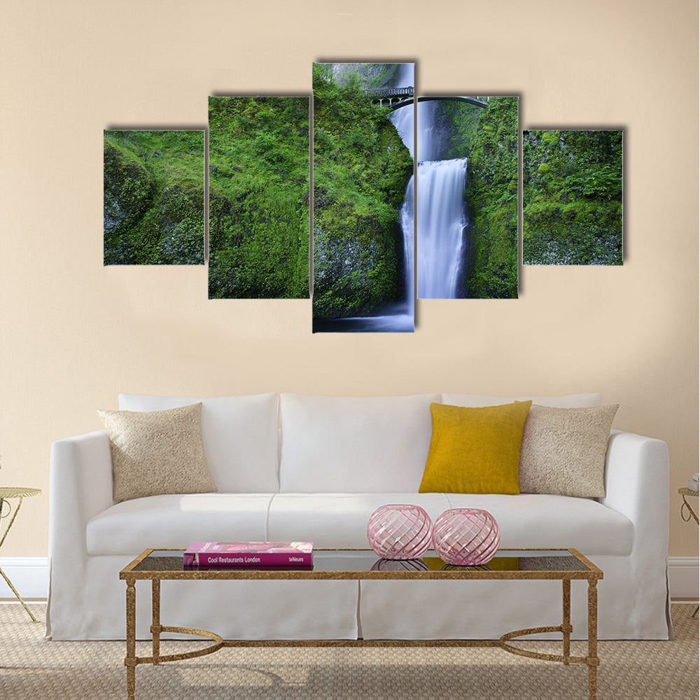 Multnomah Falls and the foot bridge Multi Panel Canvas Wall Art