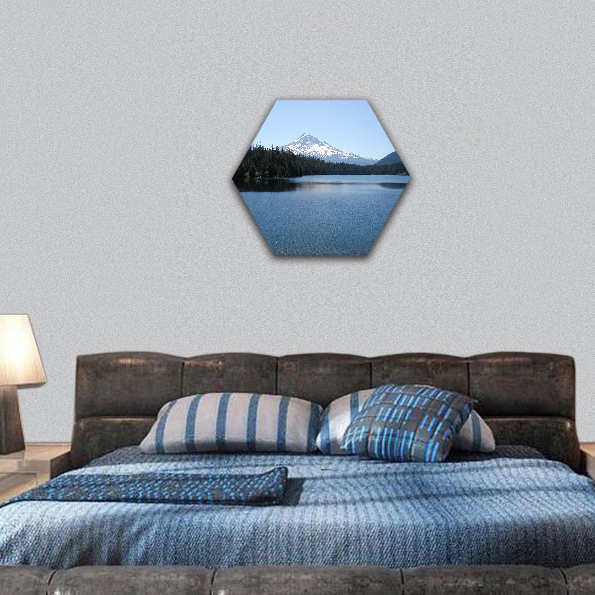 Lost Lake with view of Mt Hood in background hexagonal canvas wall art