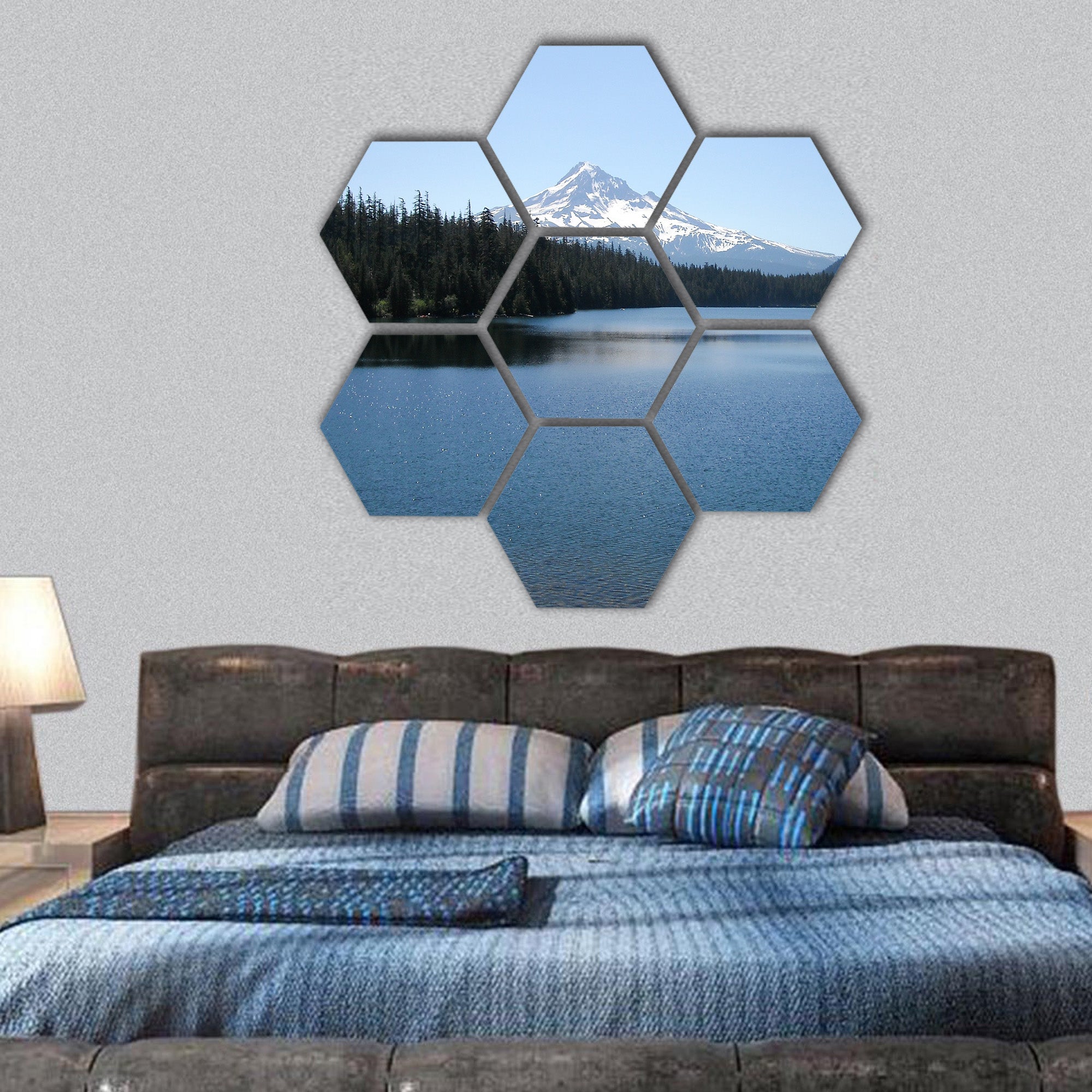 Lost Lake with view of Mt Hood in background hexagonal canvas wall art