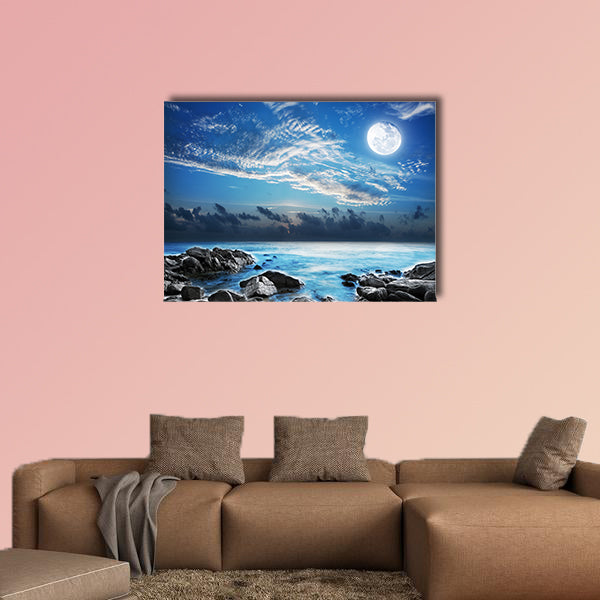 Full moon over the tropical bay. Long exposure shot Multi panel canvas wall art