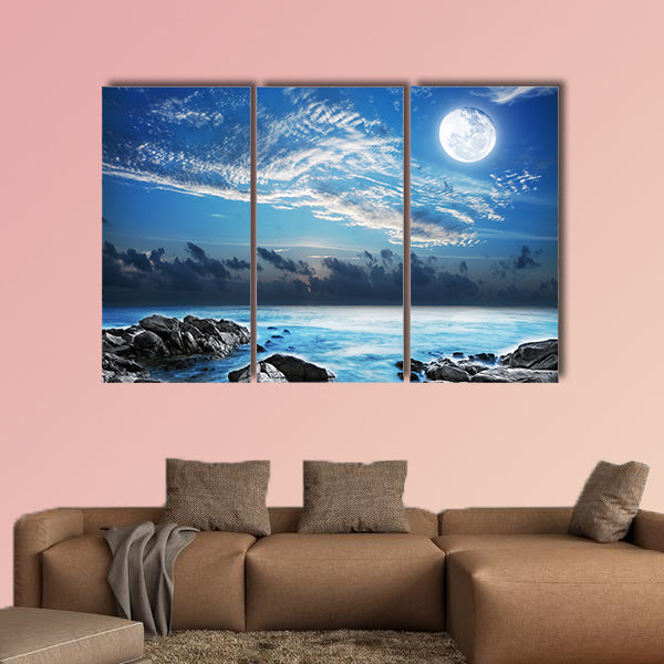 Full moon over the tropical bay. Long exposure shot Multi panel canvas wall art