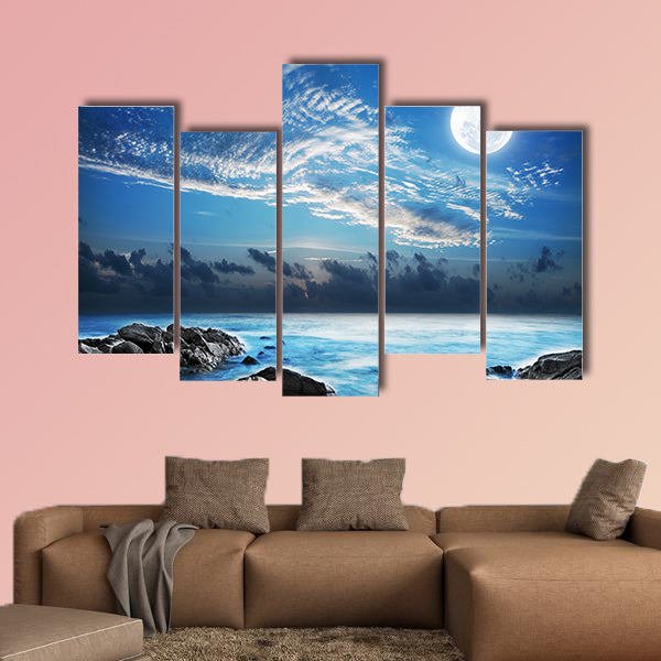 Full moon over the tropical bay. Long exposure shot Multi panel canvas wall art