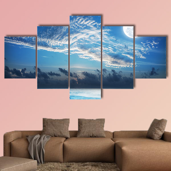 Full moon over the tropical bay. Long exposure shot Multi panel canvas wall art