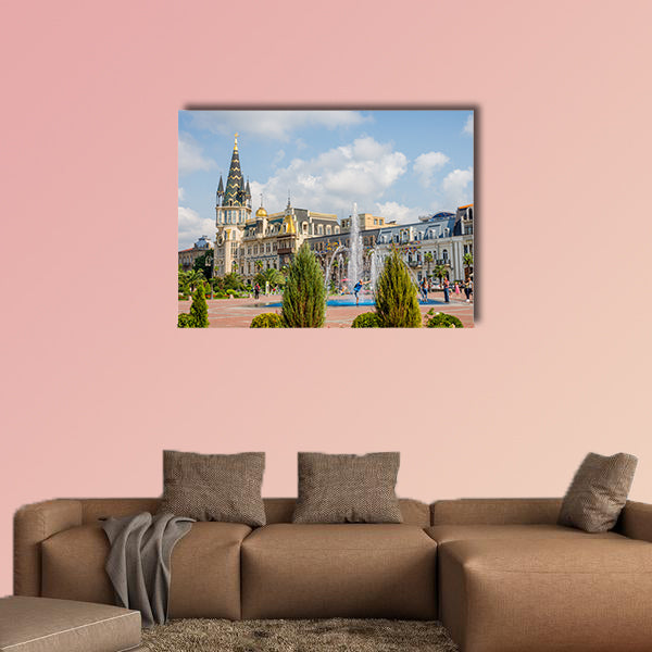 People enjoying the water fountain at Europe Park multi panel canvas wall art