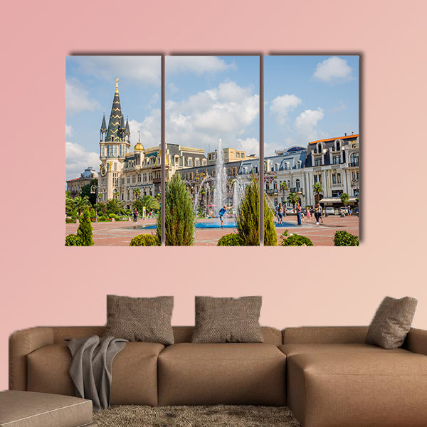 People enjoying the water fountain at Europe Park multi panel canvas wall art